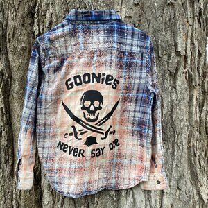 Goonies never say die. kids. 10/12. bleached flannel shirt